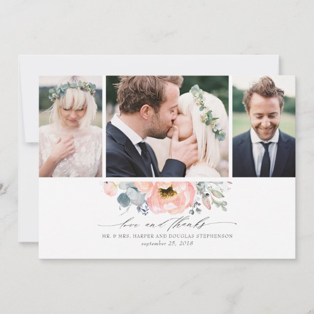 Cartão De Agradecimento Peach Floral Dusty Blue Weding 3 Fotografias (Frente)