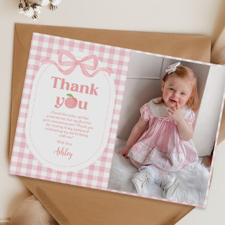 Cartão De Agradecimento Peach Rosa Gingham Foto de Primeiro Aniversário