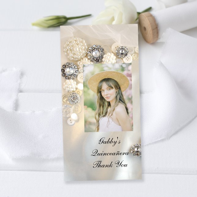 Cartão De Agradecimento Pearl Diamond Button Quineañera Obrigado (Criador carregado)