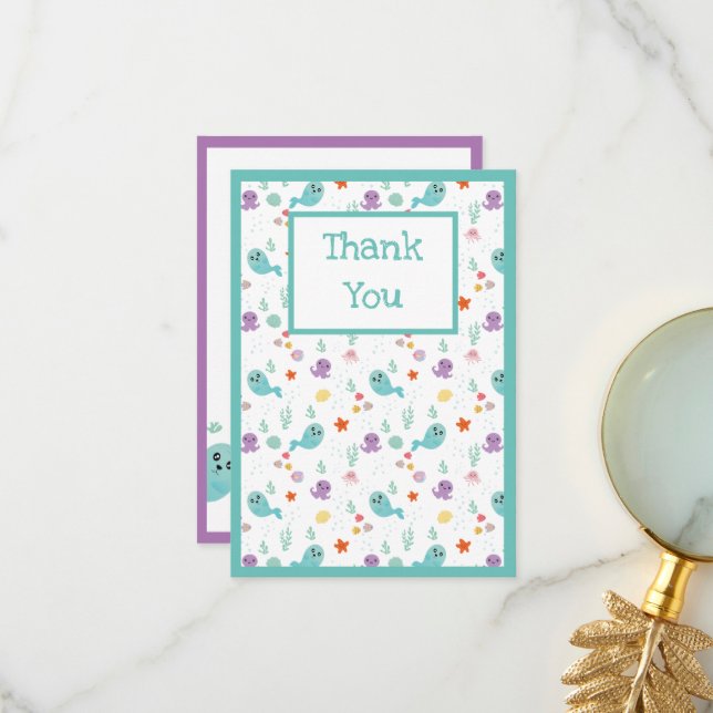 Cartão De Agradecimento Peixe Fofo Polvo Verde Menta Menino Menina (Frente/Verso In Situ)