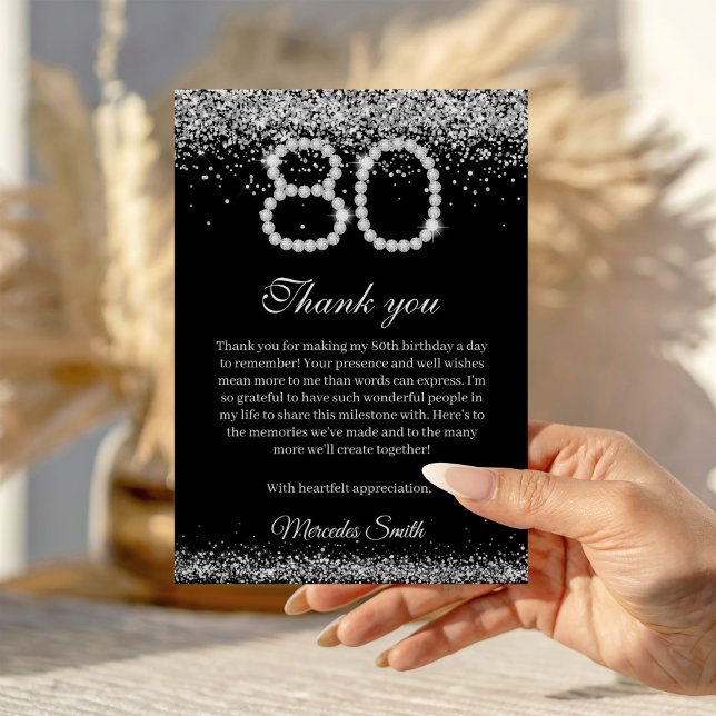 Cartão de Agradecimento pelos 80 Anos de Elegant D (Silver Diamond 80th Birthday Thank you card)