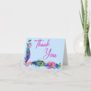 Cartão De Agradecimento Penas e flores de peacock Quinceañera Baby Blue