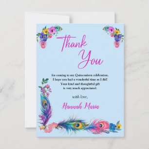 Cartão De Agradecimento Penas e flores de peacock Quinceañera Blue Flat
