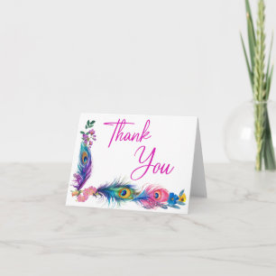 Cartão De Agradecimento Penas e flores de peacock Quinceañera White