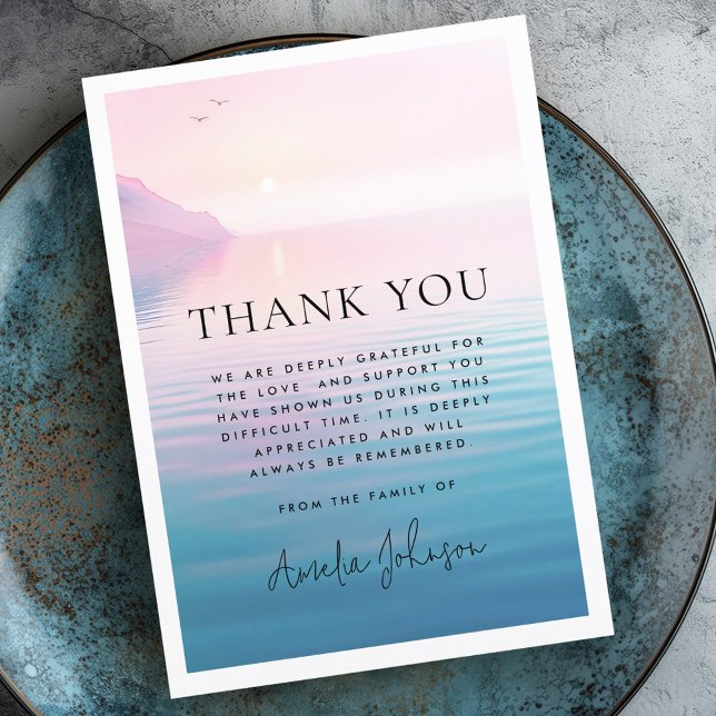 Cartão De Agradecimento Penhasco e compaixão funerária por aves do sol (Sunrise cliff and birds funeral sympathy thank you card)