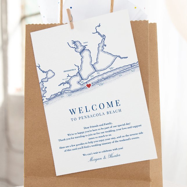 Cartão De Agradecimento Pensacola Beach Florida Wedding Itinerary (Pensacola Beach Florida Wedding Weekend Itinerary card and Welcome Letter in navy blue)