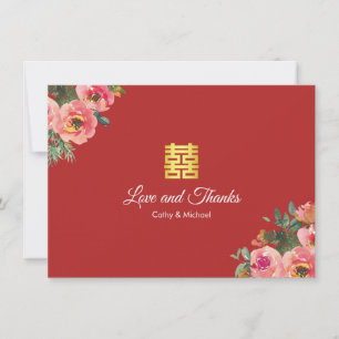 Cartão De Agradecimento Peônia vermelha floral moderno casamento chinês