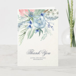 Cartão De Agradecimento Peônias Agradecem em Aquarela Azul e Rosa