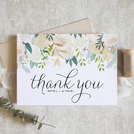 Cartão De Agradecimento Peônias em Aquarela Marfim e Casamento com Brilho 