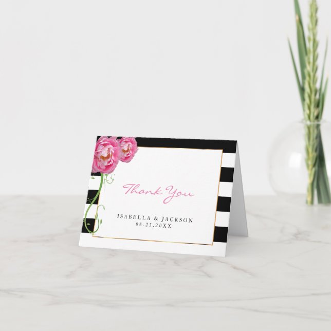 Cartão De Agradecimento Peônias em Preto e Branco - Obrigada (Frente)