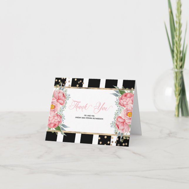 Cartão De Agradecimento Peônias Rosa e Listras Pretas Elegante Agradecimen (Frente)