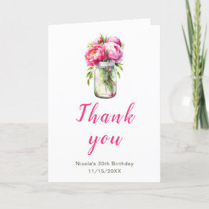 Cartão De Agradecimento Pêonias Rosa Mason Jar Birthday
