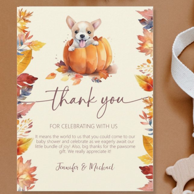 Cartão De Agradecimento Pequena aboborinha cai no Chá de fraldas de amor (Fall Baby Shower Pumpkin Puppy Foliage Flat Thank You Card)