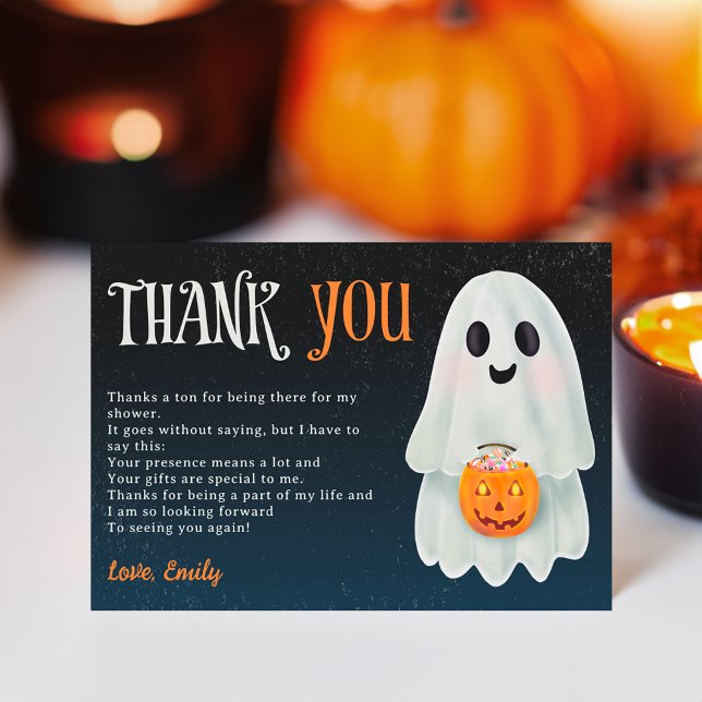 Cartão De Agradecimento Pequeno chá de fraldas de abóbora-fantasma (Little boo ghost pumpkin Halloween baby shower Thank You Card)