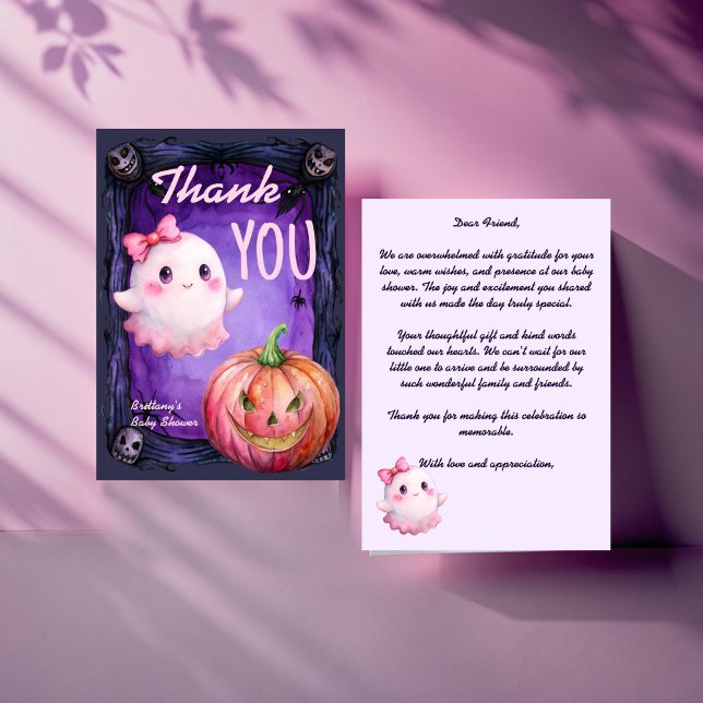 Cartão De Agradecimento Pequeno chá de fraldas de fantasma rosa-rosa-rosa- (Little boo Halloween cute ghost baby jack o lantern shower Thank You Card purple pink)