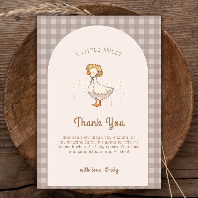 Cartão De Agradecimento Pequeno Chá de fraldas Gingham da Fazenda de Duckh (Little Duckling Farmhouse Gingham Baby Shower Thank You Card)