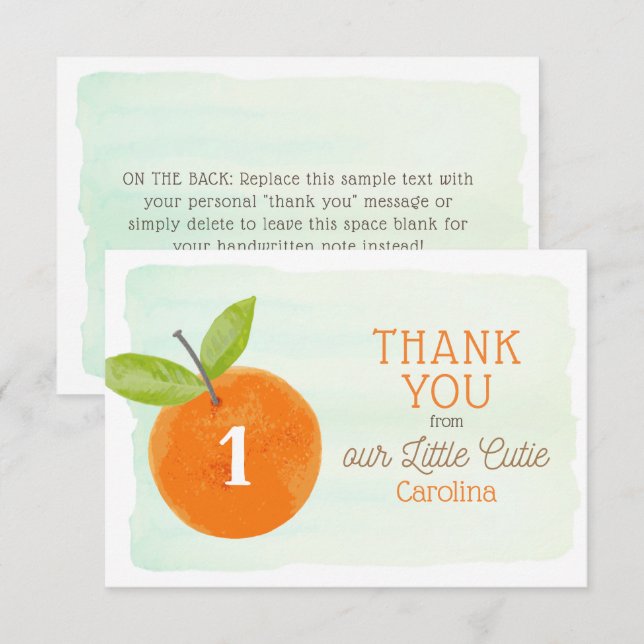 Cartão De Agradecimento Pequeno primeiro aniversario de Clementina Laranja (Frente/Verso)