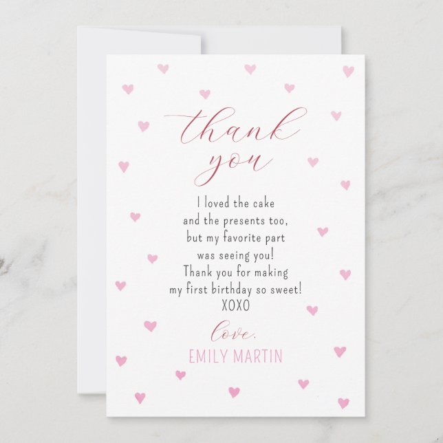 Cartão De Agradecimento Pequeno primeiro aniversario de Corações Vermelhos (Frente)