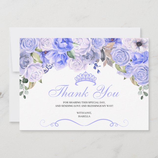 Cartão De Agradecimento Periwinkle Blue Floral Quinceanera Obrigado (Frente)
