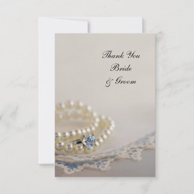 Cartão De Agradecimento Pérolas, Anel, Casamento Azul De Lace Obrigado (Frente)