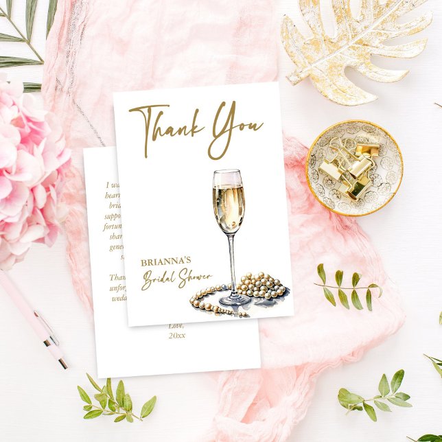 Cartão De Agradecimento Pérolas e prosecco chá de noiva elegante impresso (Pearls and prosecco bridal shower elegant thank you cards watercolor champagne glass and pearls)