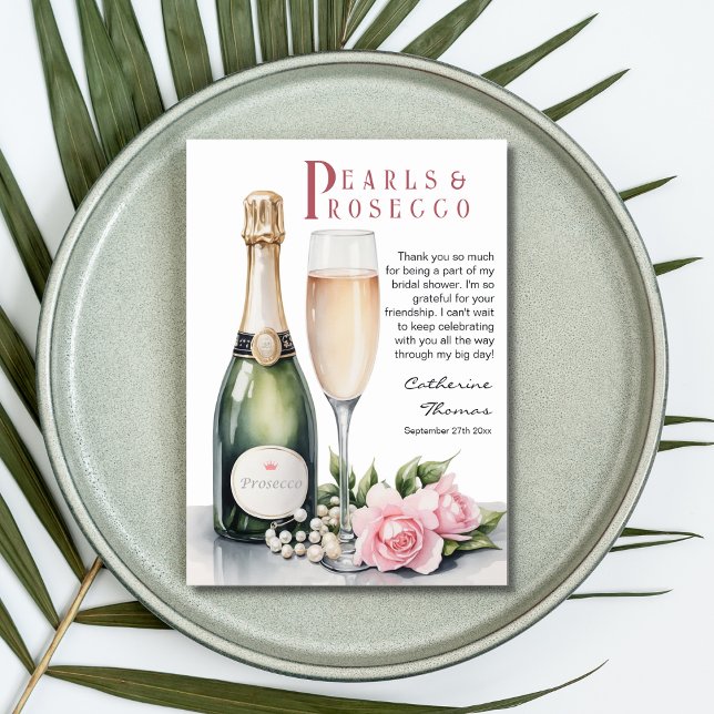 Cartão De Agradecimento Pérolas E Prosecco Chá de panela Elegante Floral (Criador carregado)