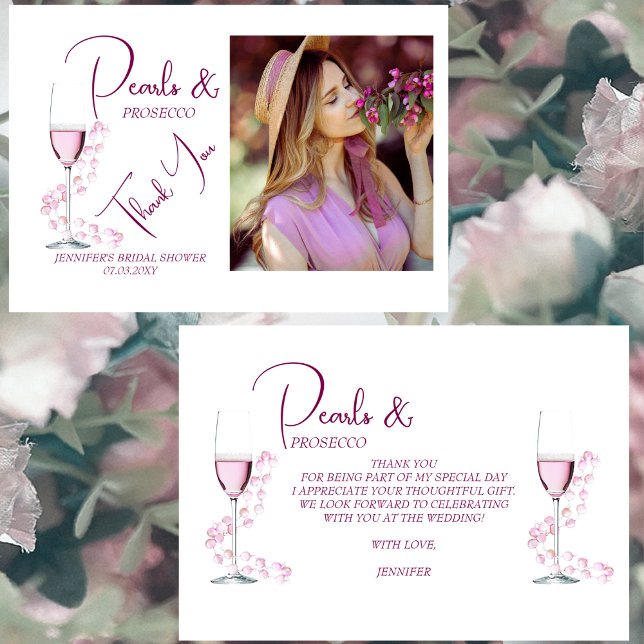 Cartão De Agradecimento Pérolas e Prosecco Elegante Festa de Noivado com F (Criador carregado)