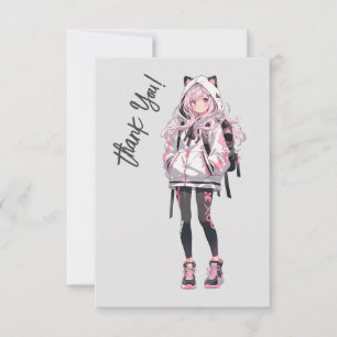 Cartão De Agradecimento Personagem de Menina Anime Neko Kawaii