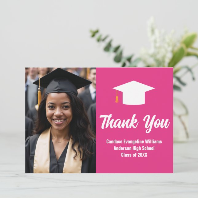 Cartão De Agradecimento Personalização Da Foto Da Graduação Chic Hot Pink  (Em pé/Frente)
