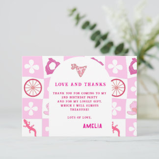 Cartão De Agradecimento Personalizado Aniversário de Cowgirl Rosa Xadrez