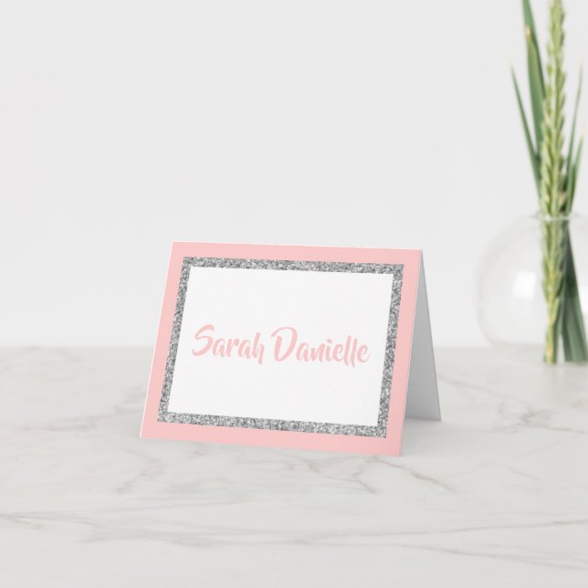 Cartão de Agradecimento Personalizado Rosa e Prata (Frente)