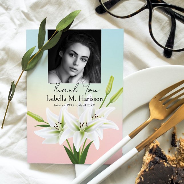 Cartão De Agradecimento Personalizar Foto e Lírios Funeral (Criador carregado)