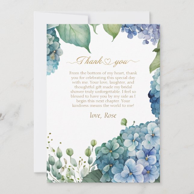 Cartão De Agradecimento Personalize Chuveiro de Noiva Hydrangea Azul (Frente)