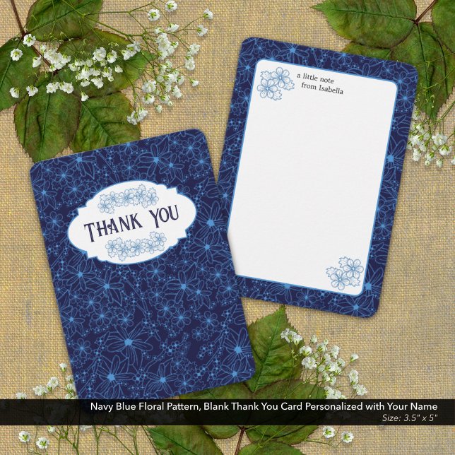 Cartão De Agradecimento Personalized Name Navy Blue Floral Pattern, Blank (Navy Blue Floral Pattern, Blank Thank You Card Personalized with Your Name )