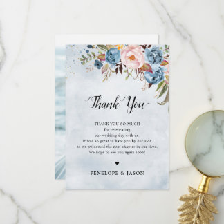 Cartão De Agradecimento Pêssego Azul Dusty Casamento Botânico Floral