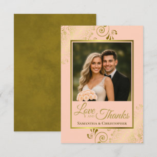 Cartão De Agradecimento Pêssego Coral Elegante e Casamento Dourado e Obrig