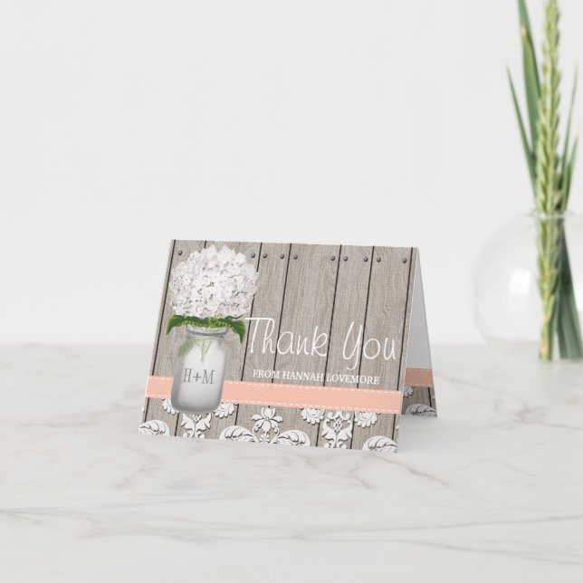 Cartão De Agradecimento Pêssego Hydrangea Monograma Jarro de Mason OBRIGAD (Frente)