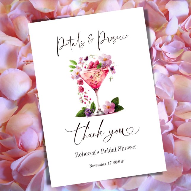 Cartão De Agradecimento Petals & Prosecco Blush Chá de panela Floral Rosa (Criador carregado)