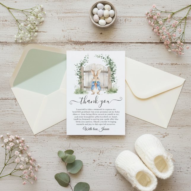 Cartão De Agradecimento Peter Rabbit Garden Gate Greenery Baby Shower  (Criador carregado)