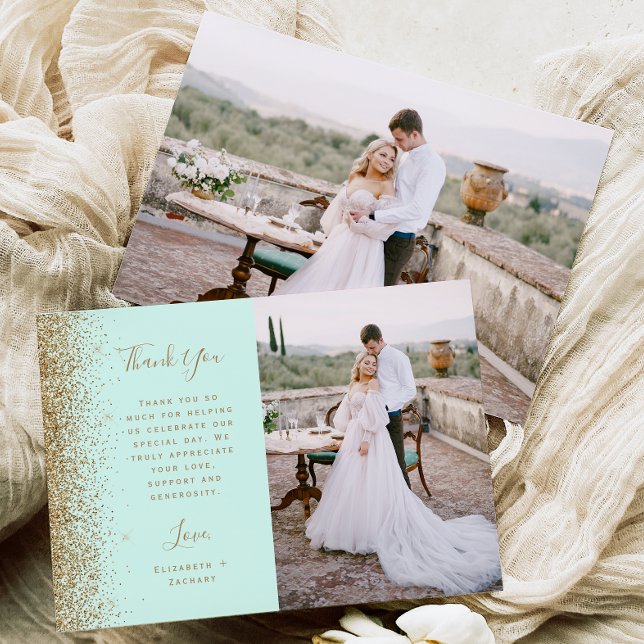 Cartão De Agradecimento Photo Mint Green Gold Glitter Script Wedding (Criador carregado)