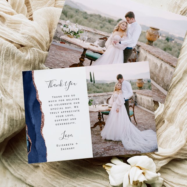 Cartão De Agradecimento Photo Navy Blue Rose Gold Agate Script Wedding (Criador carregado)