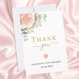 Cartão De Agradecimento Pia-rosa-rosa de-ouro floral de aniversário eucal