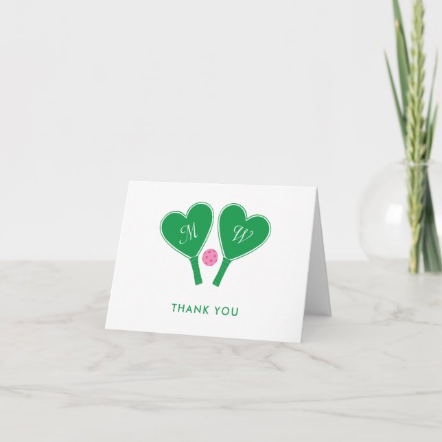 Cartão De Agradecimento Pickleball de Casamento Rosa e Verde (Frente)