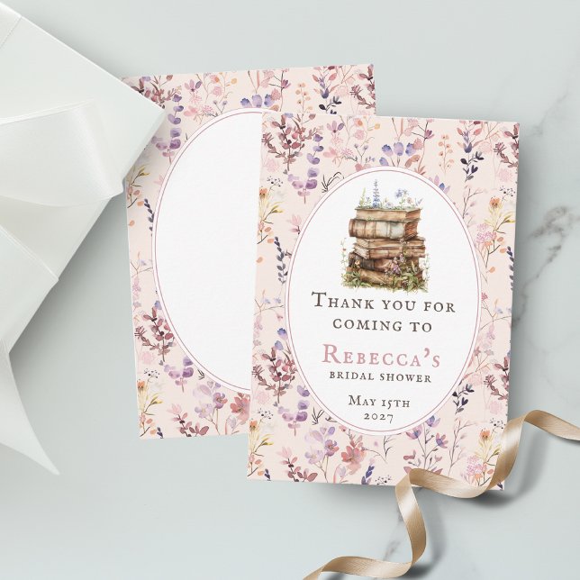 Cartão De Agradecimento Pilha de livros chá de noiva aquarela flor silvest (Criador carregado)