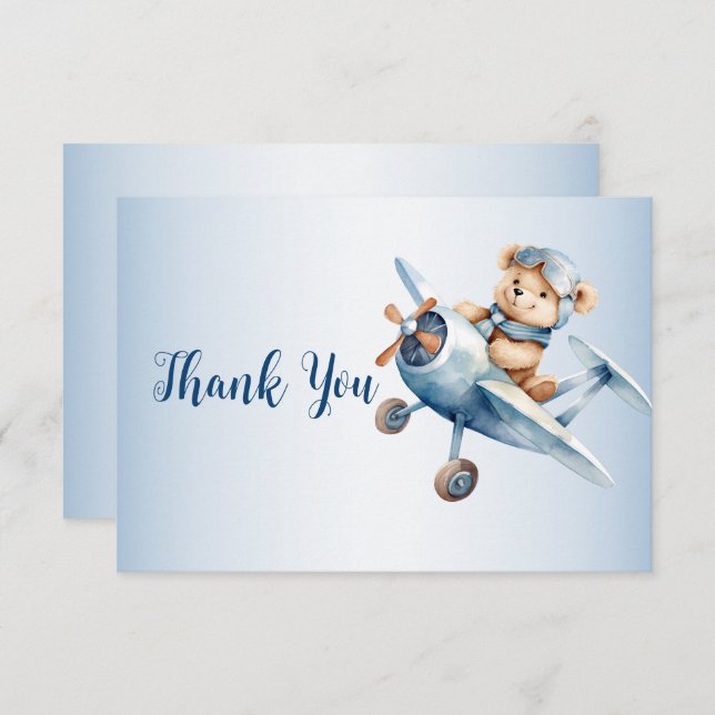 Cartão De Agradecimento Piloto de Urso Bebê Cónico Blue Aviplane BeauBeauf (Frente/Verso)