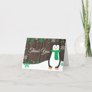 Cartão De Agradecimento Pinguim Verde de Inverno Rústico Floco de Neve