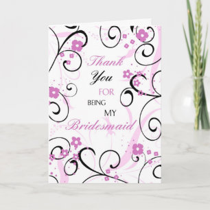 Cartão De Agradecimento Pink and Black Flower Thank You Bridesmaid Card