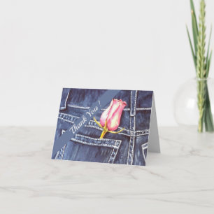 Cartão De Agradecimento Pink and Blue Denim Watercolor Floral