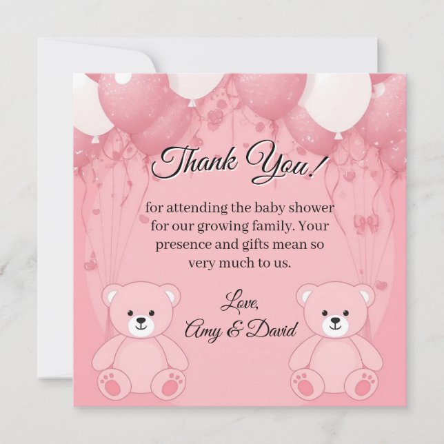 Cartão De Agradecimento Pink Ballon and Teddy Bear Thank You Card (Frente)