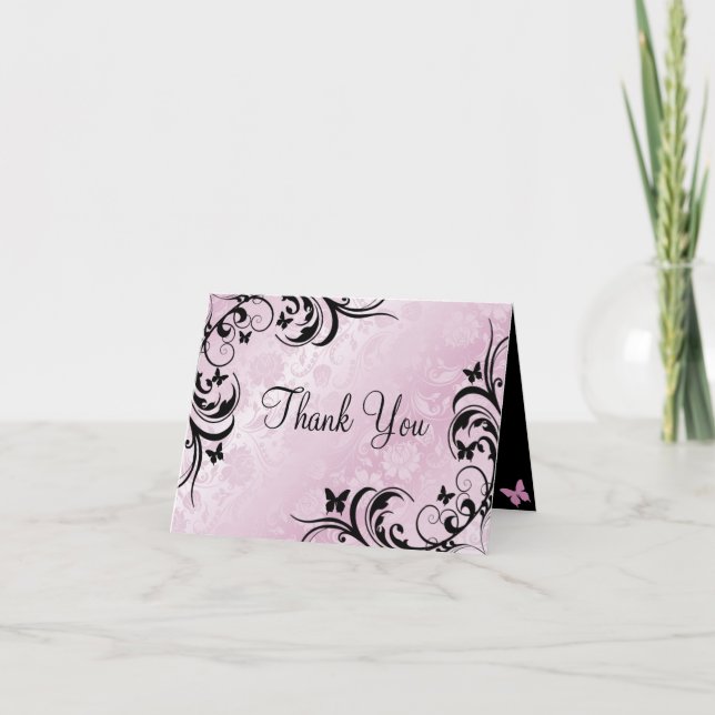 Cartão de agradecimento Pink & Black Butterfly & F (Frente)